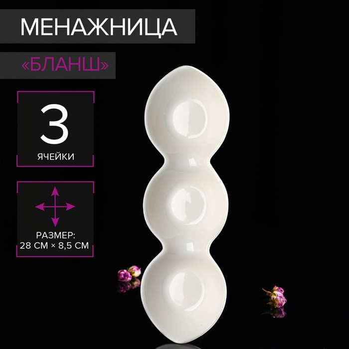 Менажница фарфоровая 3-х секционная Magistro &laquo;Бланш&raquo;, 28&times;8,5&times;4,5 см, цвет белый