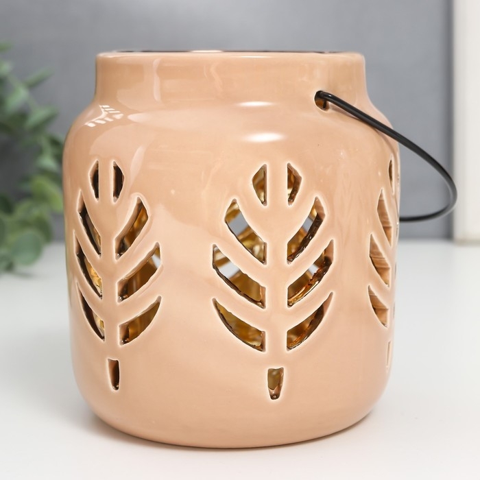 Подсвечник керамика на 1 свечу "Фонарь. Листья" внутри золото МИКС 11,5х9,5х9,5 см