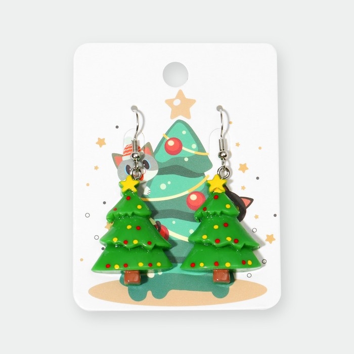 Новый год! Серьги &laquo;Новогодние&raquo; ёлочка со звездой, цвет жёлто-зелёный в серебре