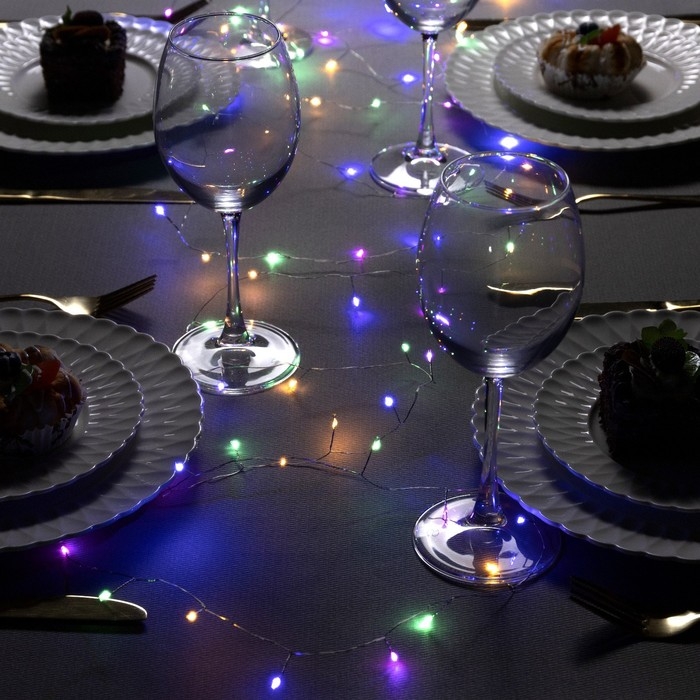 Гирлянда &laquo;Мишура&raquo; 5 м роса, IP20, серебристая нить, 100 LED, 2 режима, батарейки AAх3 (нет в комплекте), свечение мульти