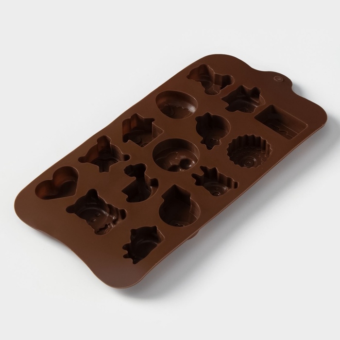 Форма для конфет и шоколада Доляна &laquo;Счастье есть&raquo;, силикон, 21&times;11&times;1,5 см, 15 ячеек, цвет коричневый