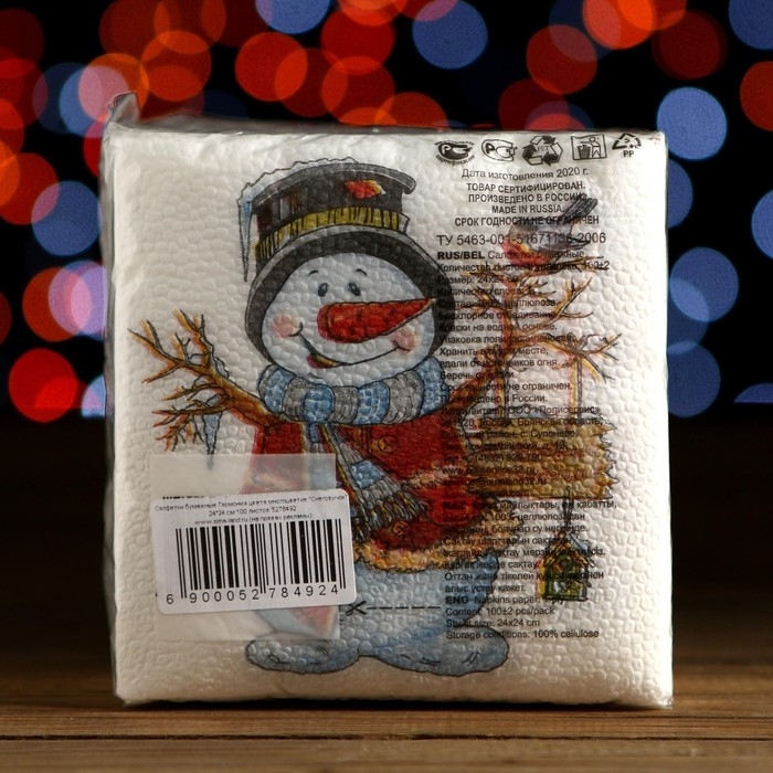 Новый год. Салфетки бумажные Гармония цвета многоцветие "Снеговичок", 24*24 см 100 листов