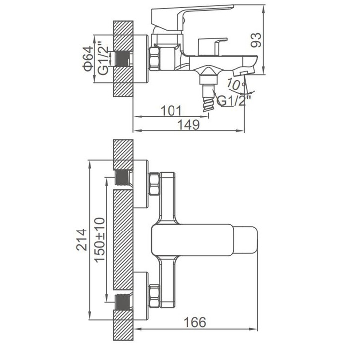 Смеситель для ванны Accoona A63126F, однорычажный, излив 149 мм, душевой набор, черный