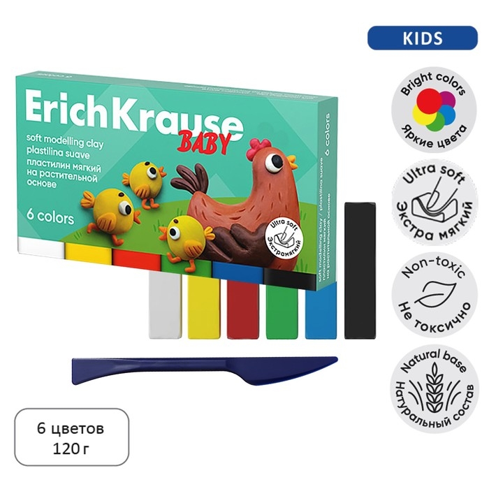 Пластилин мягкий 6 цветов, 120 г, ErichKrause Пластилин мягкий 6 цветов, 120 г, ErichKrause "Baby", со стеком, на растительно основе, с Алоэ Вера , европодвес