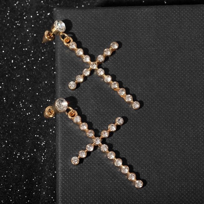 Серьги со стразами «Крестики» с делениями, цвет белый в золоте Серьги со стразами «Крестики» с делениями, цвет белый в золоте