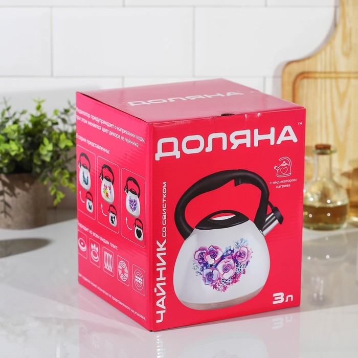 Чайник со свистком из нержавеющей стали Доляна &laquo;Лиса&raquo;, 3 л, с индикатором нагрева