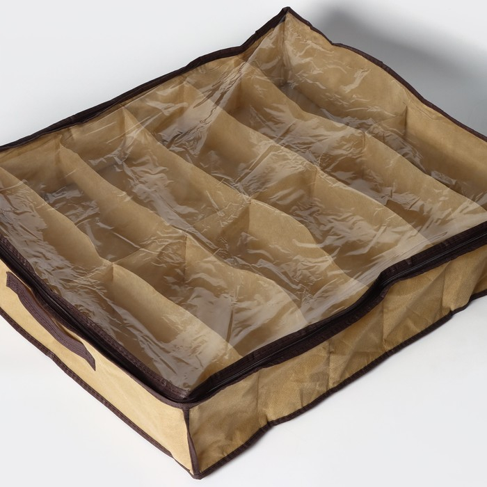 Кофр для обуви Доляна, 12 отделений, 65&times;54&times;10 см, цвет бежевый