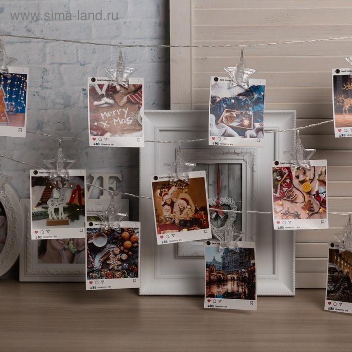 Гирлянда &laquo;Нить&raquo; 4.5 м с насадками &laquo;Прищепки-звёзды&raquo;, IP20, прозрачная нить, 20 LED, свечение белое, 220 В