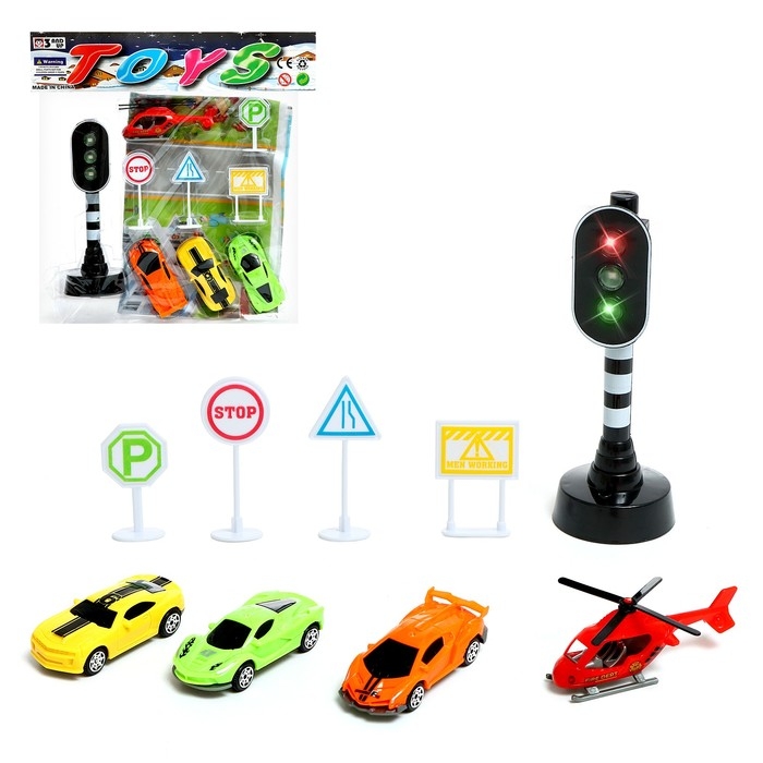 Игровой набор &laquo;Дорожные знаки&raquo;, в наборе игровое поле, знаки, 3 машинки, вертолет, цвет МИКС