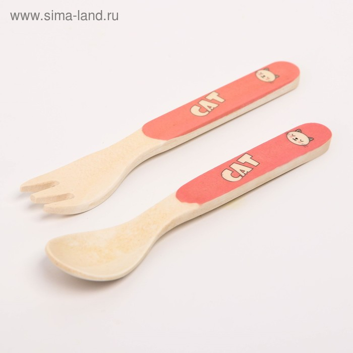 Набор детской бамбуковой посуды &laquo;Кошечка&raquo;, тарелка, миска, стакан, приборы, 5 предметов