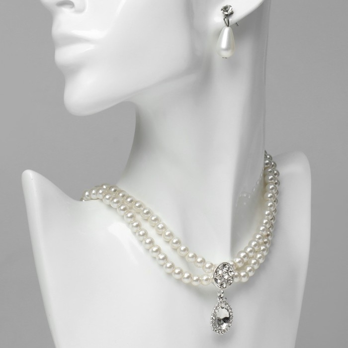 Набор 2 предмета: серьги, колье &laquo;Леди&raquo; 2 нити, капля, цвет белый в серебре, 45 см