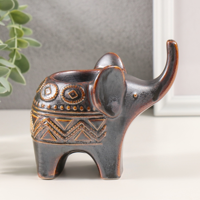 Подсвечник керамика на 1 свечу "Слонёнок. Этнические узоры" коричневый 7х11,5х10,5 см