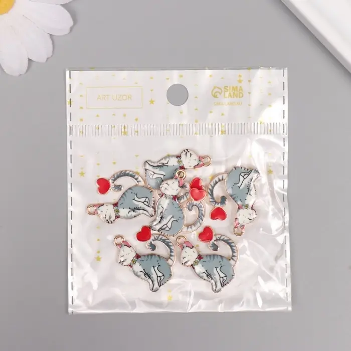 Декор для творчества металл, эмаль "Серый кот с сердечком" 2,5х1,8 см