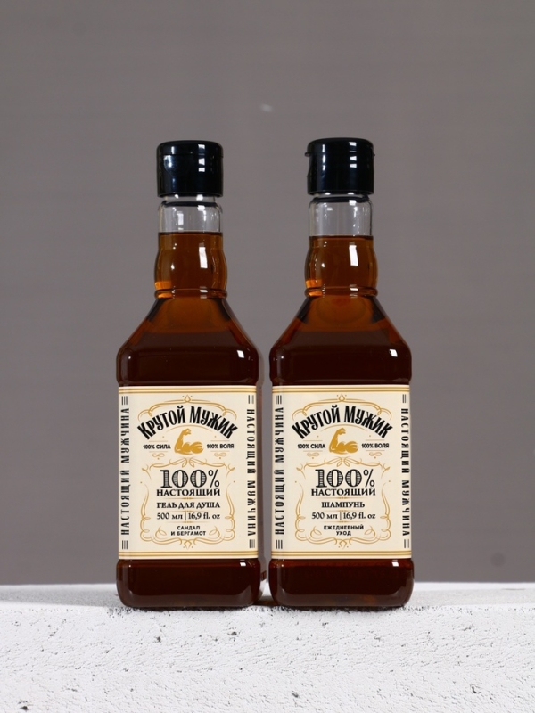 Набор "Крутой мужик" белый, гель для душа и шампунь для волос во флаконе виски, 2х500