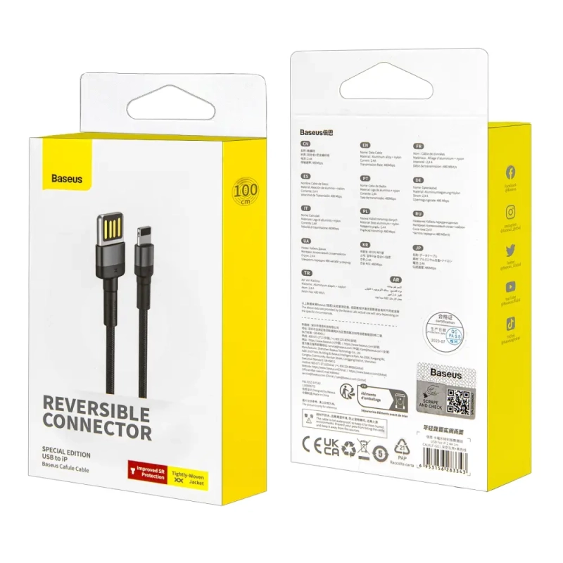 Кабель USB Lightning 1M 2.4A Cafule Cable Baseus черный с серым CALKLF-GG1