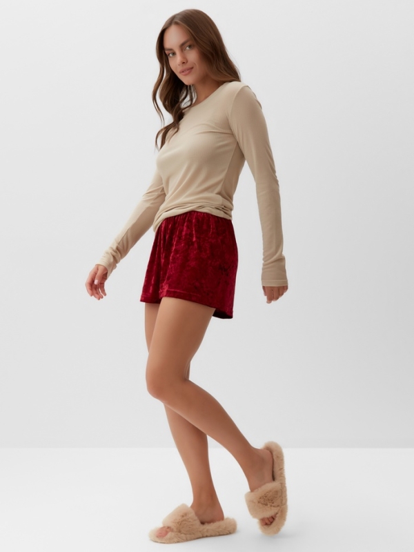 Комплект женский домашний (лонгслив и шорты) KAFTAN "Бархат", 48-50, бордо/беж