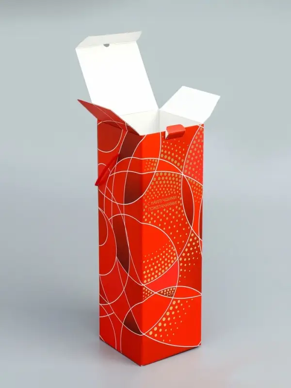 Подарочная новогодняя коробка под шампанское &laquo;Огненная&raquo; красная с веревочной ручкой 11&times;11&times;37 с