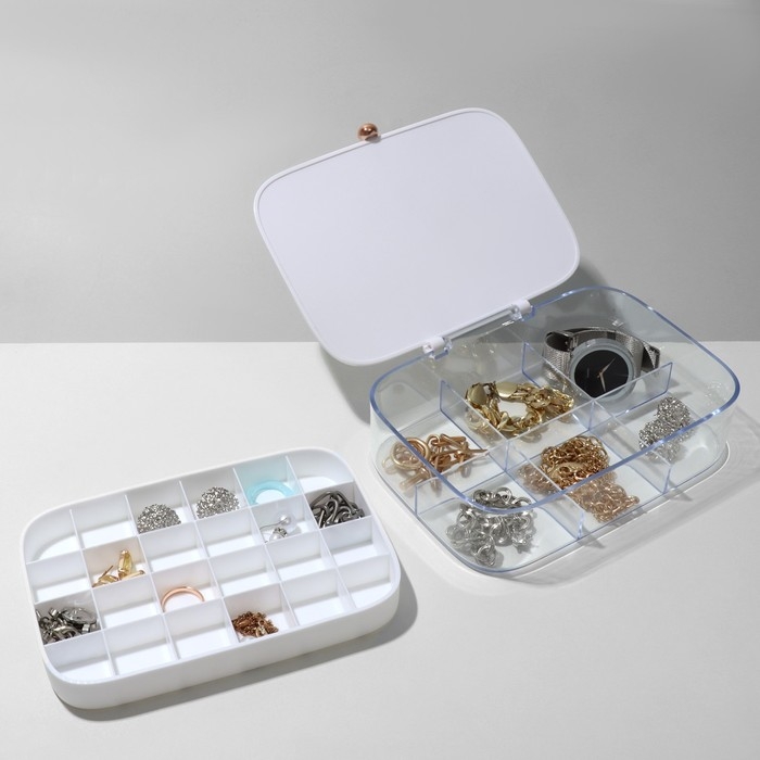 Подставка для украшений &laquo;Шкатулка&raquo; 2 яруса, 30 ячеек, 18&times;14&times;5 см, пластик, цвет белый