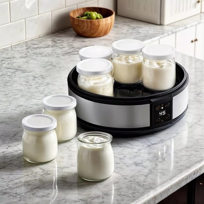 Йогуртница Kitfort КТ-6363, 20 Вт, 180 мл, 7 ёмкостей, стекло, серебристо-чёрная