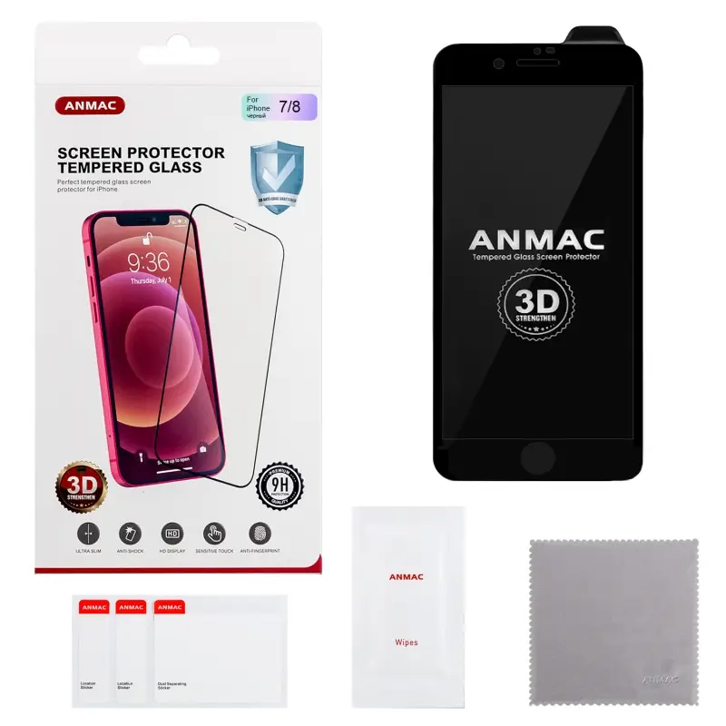 Защитное стекло IPh 7/8 3D ANMAC черное усиленное  Арт.1137186
