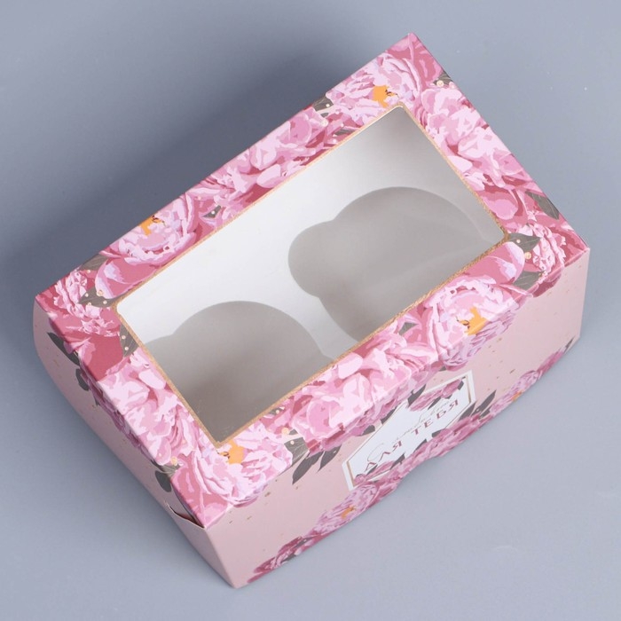 Коробка для капкейков, кондитерская упаковка с окном, 2 ячейки, &laquo;Цветы&raquo;, 16 х 10 х 10 см
