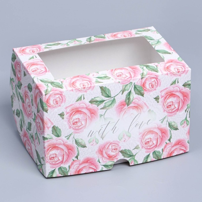 Коробка для капкейков, кондитерская упаковка с окном, 2 ячейки, &laquo;Розы&raquo;, 16 х 10 х 10 см
