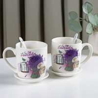 Набор кружек керамических с ложками и подставками &laquo;Букет лаванды&raquo;, 2 предмета: 330 мл, рисунок МИКС