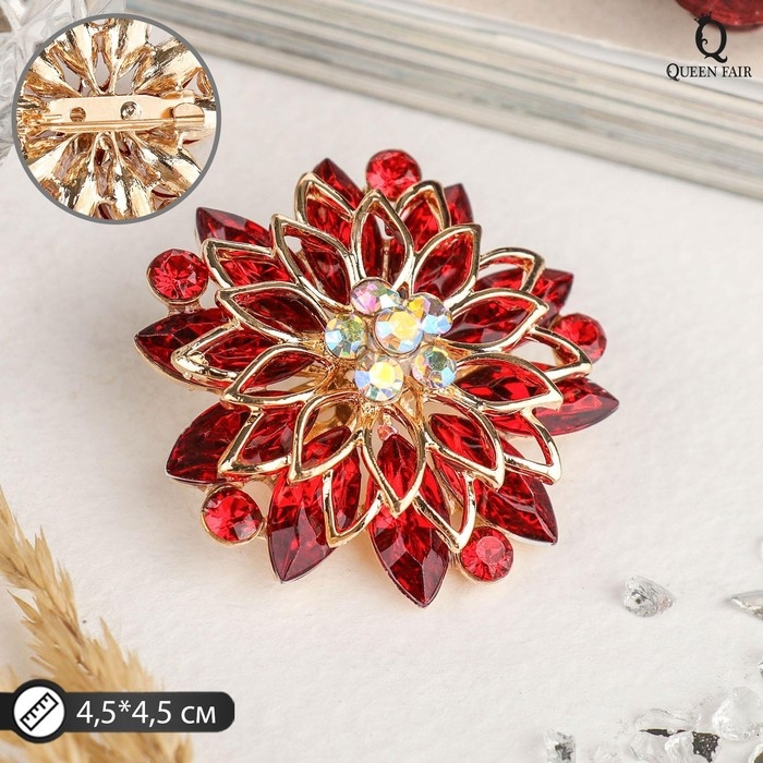 Брошь &laquo;Цветок&raquo; хризантемы, цвет красный в золоте