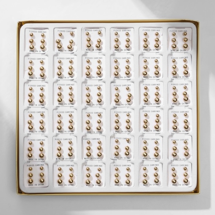 Пусеты в коробке 108 пар &laquo;Ассорти&raquo; бусины №3, 4, 5, цвет золото