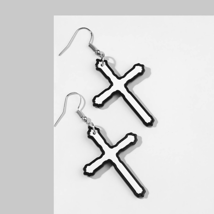Серьги акрил &laquo;Крестики&raquo; контур, цвет чёрно-белый в серебре