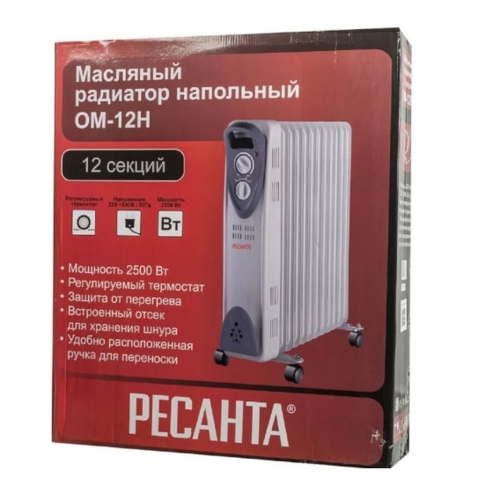 Масляный обогреватель "Ресанта" ОМ-12Н, 2500 Вт, 12 секций, 25 м&sup2;, белый