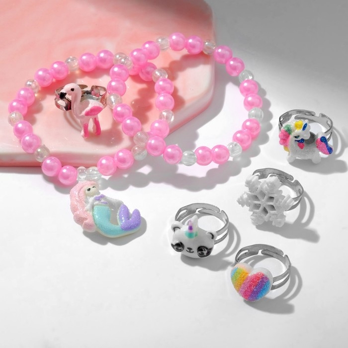 Набор детский &laquo;Выбражулька&raquo; 7 предметов: 2 браслета, 5 колец, русалка, форма МИКС, цветной