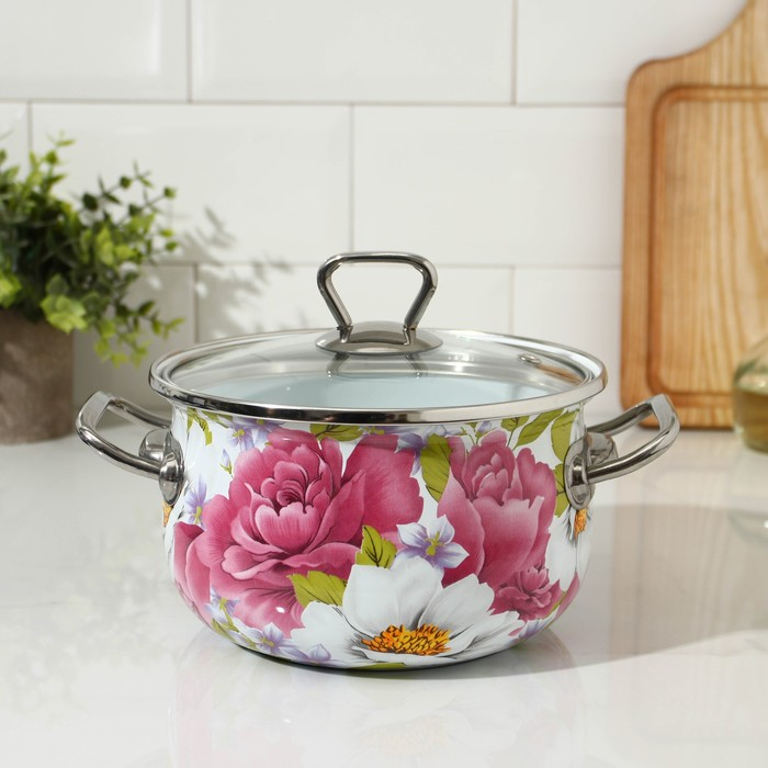 Кастрюля эмалированная &laquo;Пион&raquo;, 2.1 л, стеклянная крышка, индукция