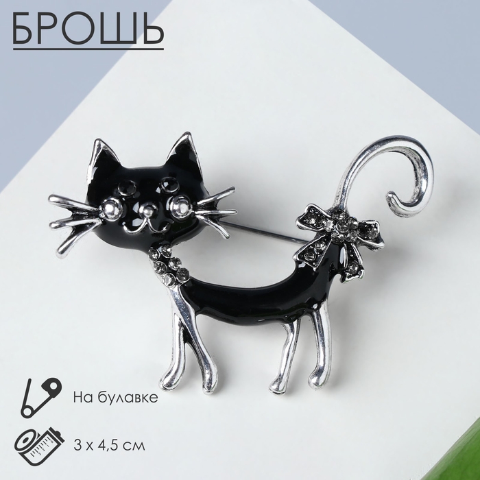 Брошь &laquo;Кошка&raquo; кокетливая с бантом, цвет чёрный в чернёном серебре