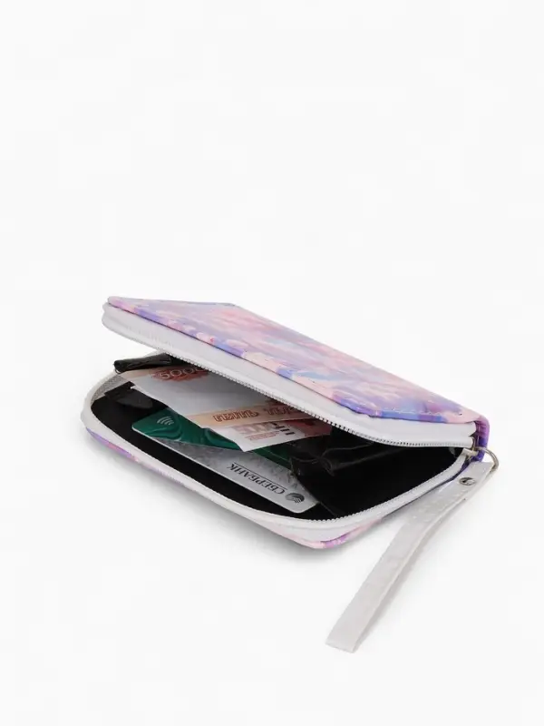 Кошелек жен 07-01-01 Июнь2535 цветы, 12*1,5*9 см, 2 отд+отд/молн, д/карт, сиреневый