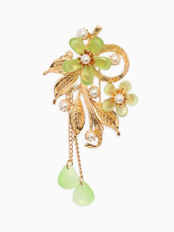 Брошь с жемчугом "Цветы", цвет светло-зеленый в золоте