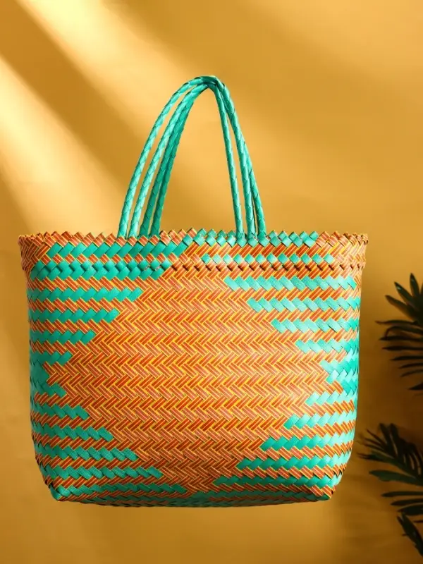 Сумка плетёная, 30&times;15&times;35 см, пластик, бирюзовый-жёлтая