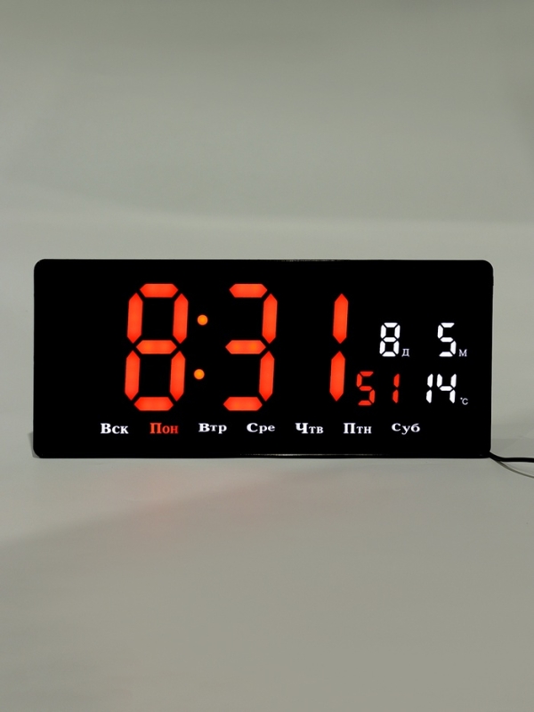 Часы электронные настенные, календарь термометр, 36.2 х 15.5 см, красные цифры 10 х 4.5 см 1076627 Часы электронные настенные, календарь термометр, 36.2 х 15.5 см, красные цифры 10 х 4.5 см 1076627