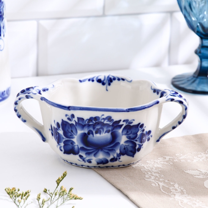 Бульонница &laquo;Ивушка&raquo;, с ручками, H=7 см, 0,35 л, гжель