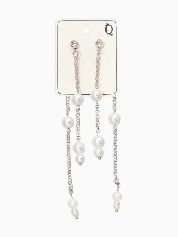 Серьги жемчуг "Цепочки" двойные, цвет белый в серебре