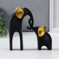 Сувенир полистоун "Слон со слонёнком. Гофре" чёрный с золотом набор 2 шт 5,5х16,5х16,5 см