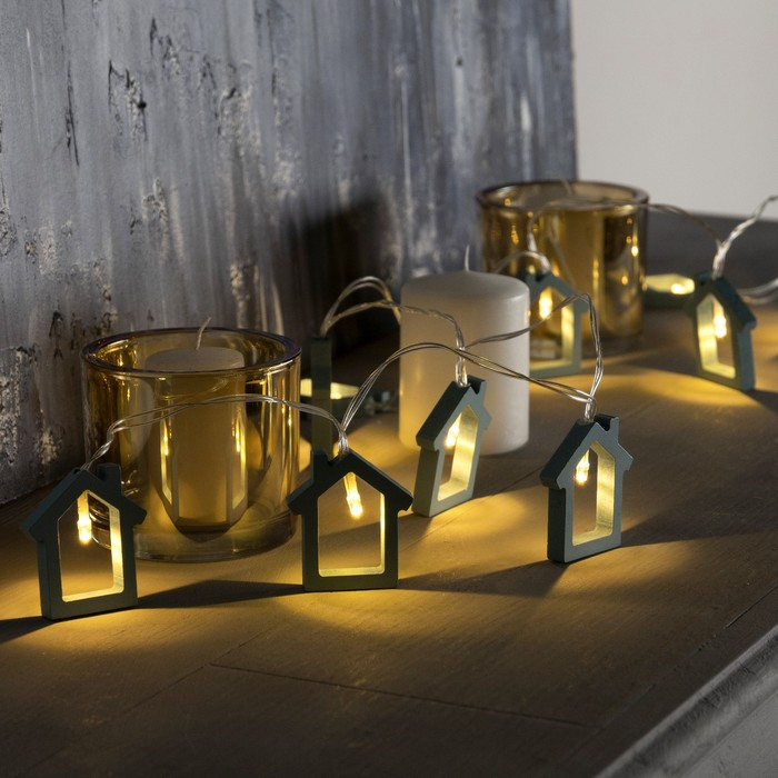 Гирлянда &laquo;Нить&raquo; 1.5 м с насадками &laquo;Дом синий&raquo;, IP20, прозрачная нить, 10 LED, батарейки AAх2 (нет в комплекте), свечение тёплое белое