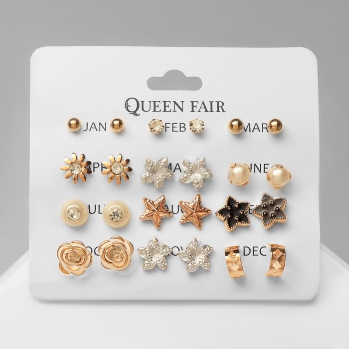 Пусеты 12 пар &laquo;Фантазия&raquo; цветы и звёзды, цвет белый в золоте