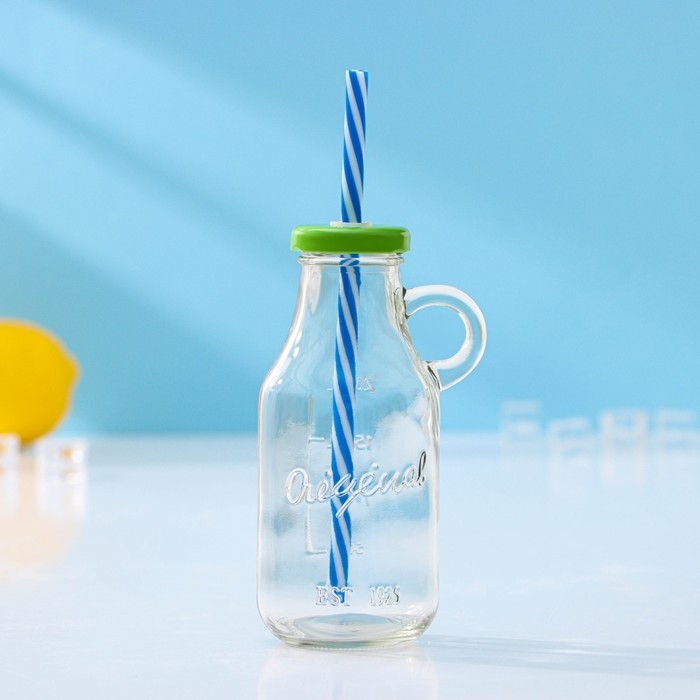 Бутыль стеклянная с крышкой и трубочкой, 200 мл, 7,5&times;6&times;14,5 см, цвет МИКС