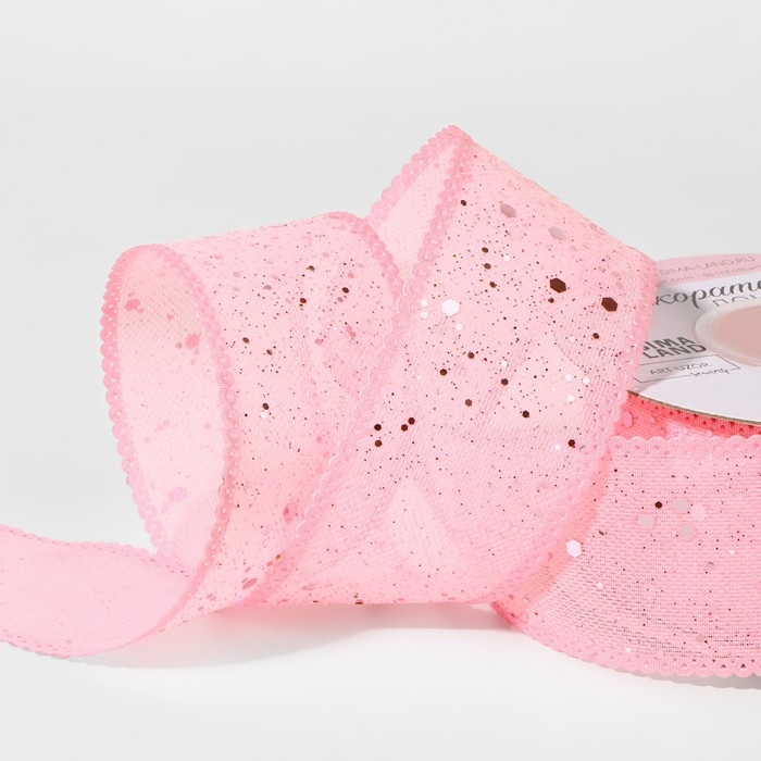 Лента декоративная, с глиттером, 38 мм, 9 &plusmn; 0,5 м, цвет розовый