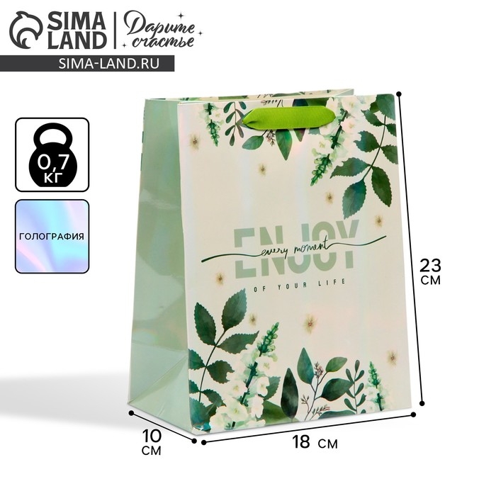 Пакет подарочный ламинированный, упаковка, &laquo;Наслаждайся моментом&raquo;, радужная голография, MS 18 х 23 х 10 см