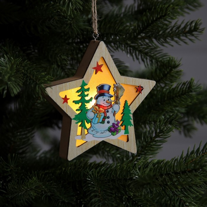 Ёлочная игрушка &laquo;Звезда со снеговиком&raquo;, от батареек, свечение тёплое белое