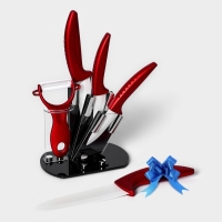 Набор кухонный на подставке &laquo;Изгиб&raquo;, 4 предмета: 3 ножа, овощечистка, + нож в подарок, цвет красный