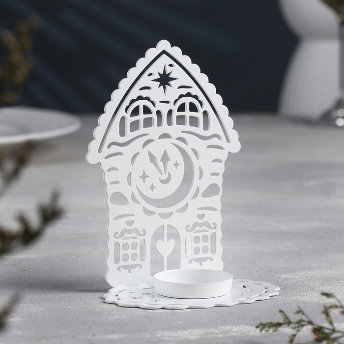 Новый год Подсвечник "Домик с часами" металл на одну свечу, 6,7х10х13,5 см, белый