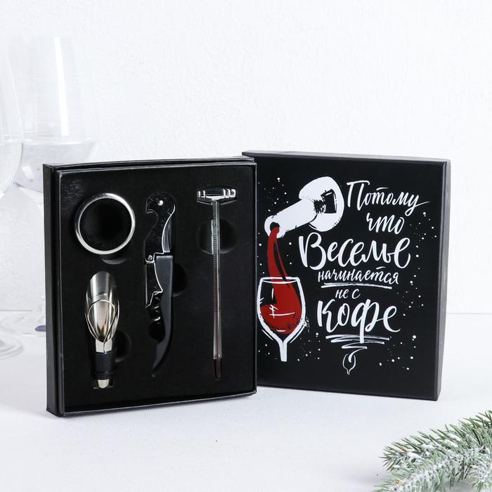 Винный набор: штопор для вина, аэратор, каплеуловитель, термометр &laquo;Веселье&raquo;